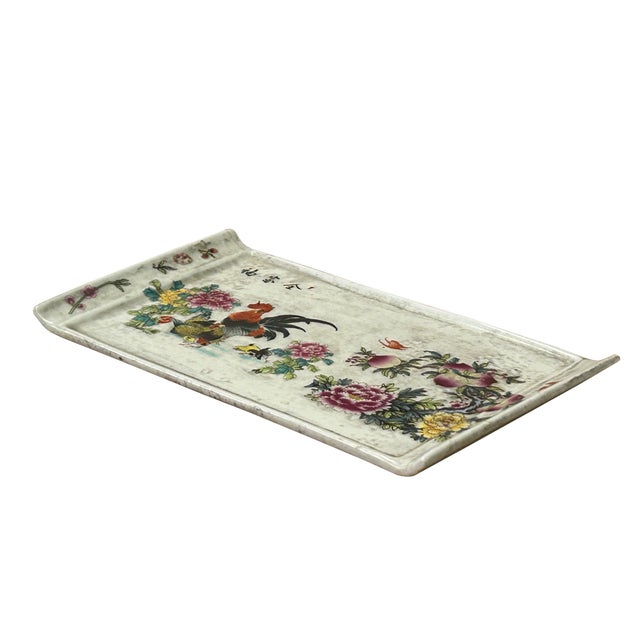 Ceramic Vintage Finish Rooster Flower Graphic Rectangular Porcelain Plate Art For Sale - Image 7 of 10