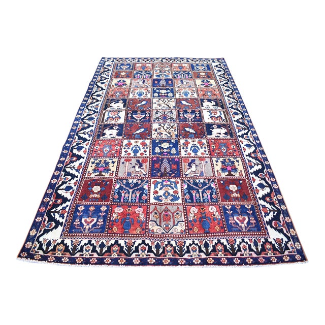 5.4 X 9.3 Ft Hand-Knotted Turkish Vintage Rug - Blue & Red Pictorial Grid Pattern For Sale