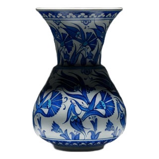 Handmade Ceramic ”Kandil” Vase (20cm) – Blue and White Fan Carnations – Wide Flared Neck For Sale