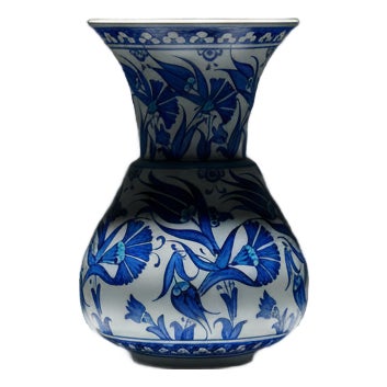 Handmade Ceramic ”Kandil” Vase (20cm) – Blue and White Fan Carnations – Wide Flared Neck For Sale