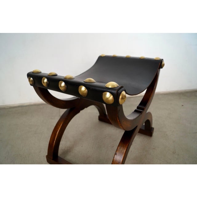 1960’s Hollywood Regency Leather & Brass Sling Stool For Sale - Image 10 of 12