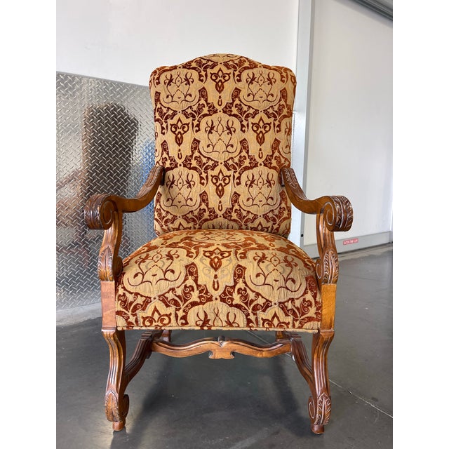 Brown Century Furniture “Amelia” Carved Wood Arm Dining Chairs | Set of 6 For Sale - Image 8 of 12