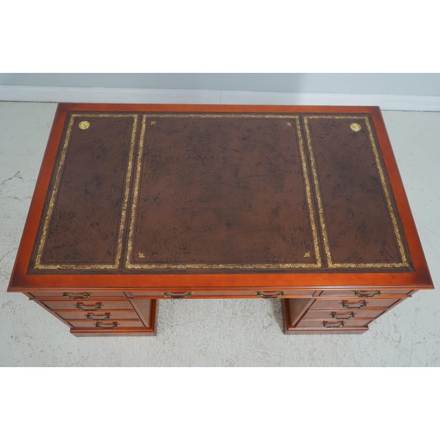 English Yew Wood Brown Leather Top 3 Part Desk For Sale In Philadelphia - Image 6 of 18