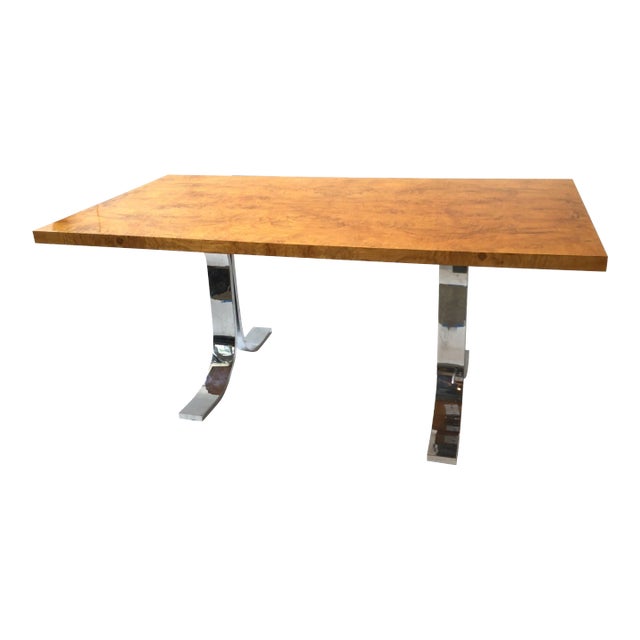 1980s Milo Baughman Style Burl Wood Dining Table / Desk with Chrome Base For Sale