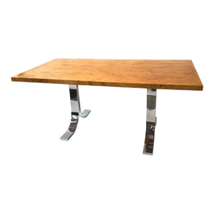 1980s Milo Baughman Style Burl Wood Dining Table / Desk with Chrome Base