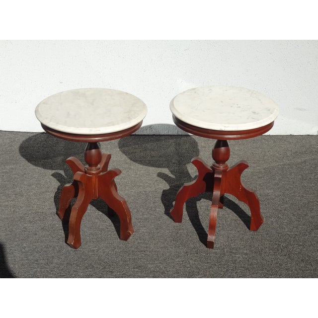 Pair of Antique White Marble Top Mahogany Parlor Round Brown Side Tables Italy For Sale - Image 12 of 18