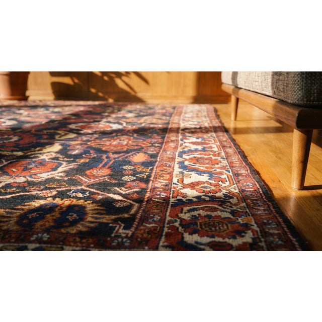 Black Exciting Tribal Design Blue Background Rustic Antique Persian Bakhtiari Area Rug For Sale - Image 8 of 9