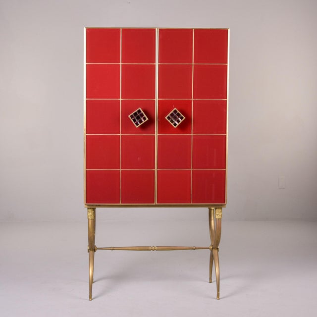 Hollywood Regency Tall Italian Mid Century Red Glass and Brass Bar Cabinet For Sale - Image 3 of 12