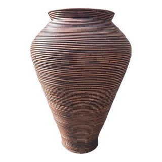 Monumental Vintage Pencil Reed Rattan Floor Vase, 27" For Sale