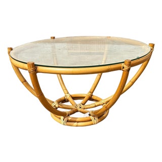 Restored Mid-Century Six-Pole Rattan Coffee Table W/ Floating Glass Top For Sale