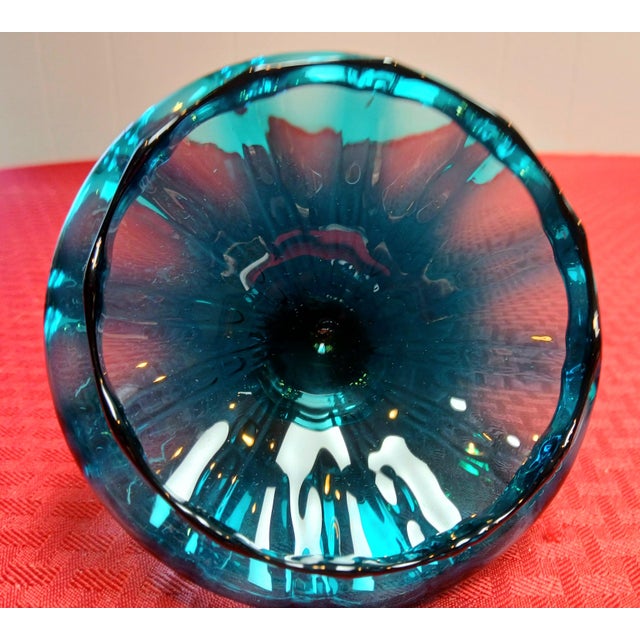 Mid 20th Century 20thC. MCM Empoli Turquoise Optic Ribbed Glass Apothecary Jar, With Pedestal Base and Circus Tent Lid For Sale - Image 5 of 8