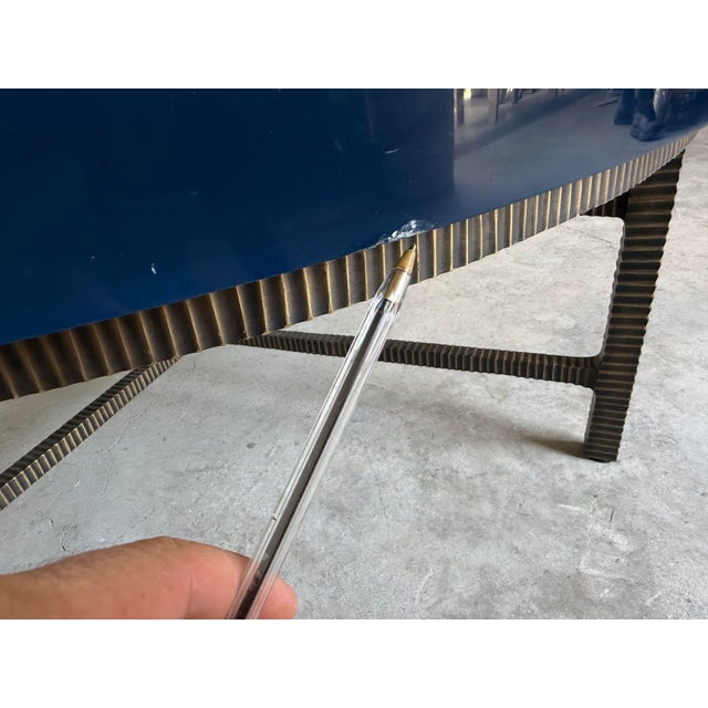 Modern Donghia Sculptural Bronze Base & Ribbed Blue Lucite Coffee Table For Sale - Image 11 of 12