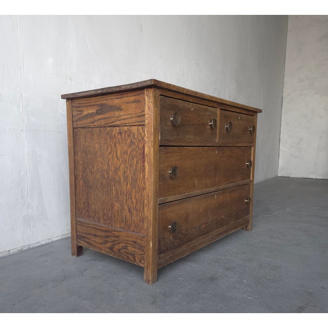 Brown Antique Oak 4 Drawer Dresser Chest With Brass Pulls For Sale - Image 8 of 10