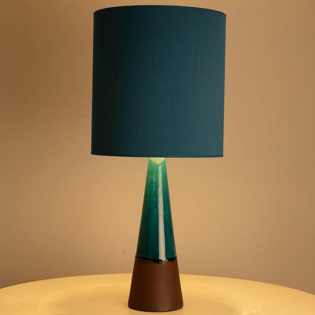 1970s Aqua and Brown Ceramic Table Lamp with Silk Lampshade attributed to R. Houben, 1950s For Sale - Image 5 of 10