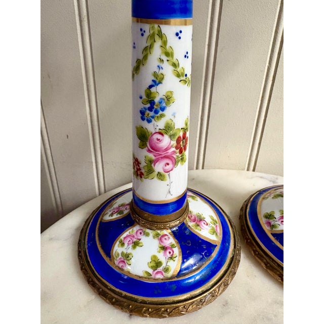 Antique Sèvres-Style Porcelain & Bronze Hand-Painted Candlesticks Pair Lp Paris For Sale - Image 9 of 12