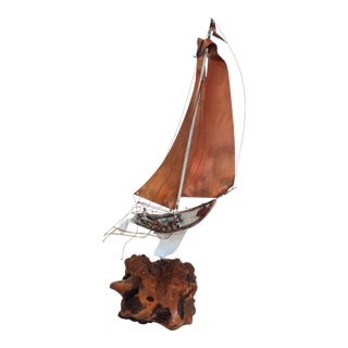 Mid-Century Brutalist Burlwood & Copper Sailboat For Sale