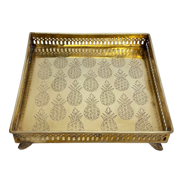 Vintage Mottahedeh Etched Brass Pineapple Motif Tray For Sale