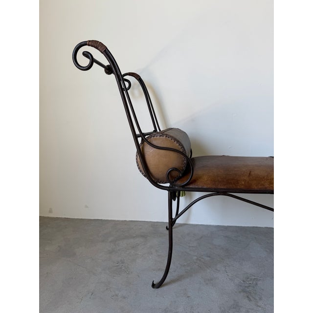 Vintage Rustic Wrought Iron & Leather Scroll Bench For Sale - Image 4 of 12