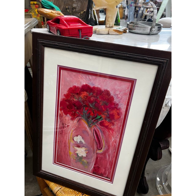 Mid-Century Modern Vintage Red and Pink Floral Framed Print For Sale - Image 3 of 5