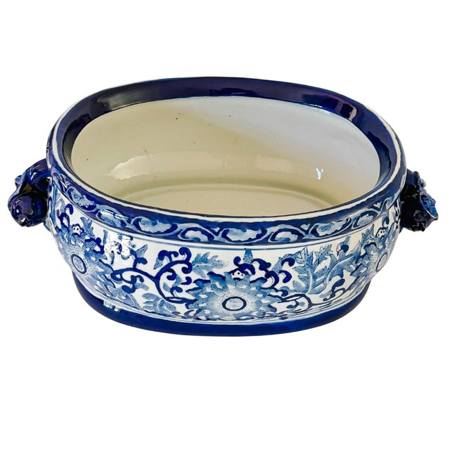 Chinoiserie Late 20th Century Large Chinoiserie Blue & White Porcelain Foot Bath Planter With Pomegranate Handles For Sale - Image 3 of 11