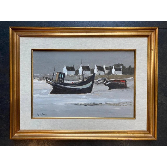 Jean Louis Getaz, Boats in Front of the 4 White Houses, Oil on Canvas, 1980s For Sale - Image 7 of 8