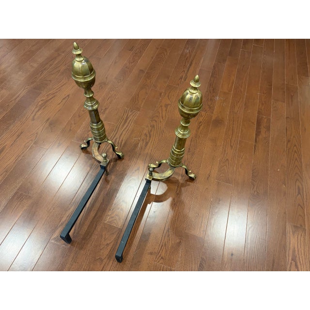 Metal 19th Century Antique American Brass and Cast Iron Fireplace Andirons W. Ball and Claw Feet For Sale - Image 7 of 12