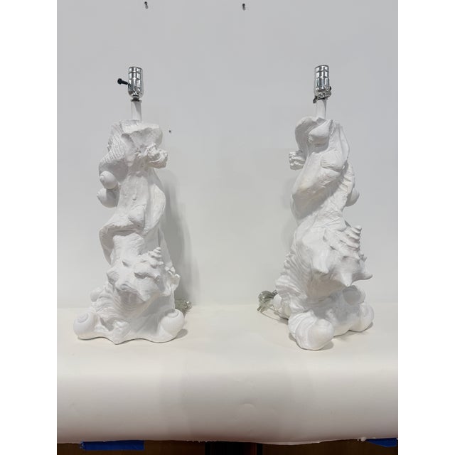 Pair, Vintage Sirmos White Lacquered Plaster Seashell Table Lamps, Palm Beach For Sale - Image 10 of 18
