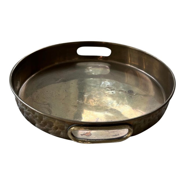 1980s Vintage Round Brass Handled Tray For Sale
