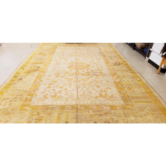 Antique Oushak Carpet, Handmade Oriental Rug, Pale Blue Green, Yellow, Coral Rug For Sale - Image 15 of 18