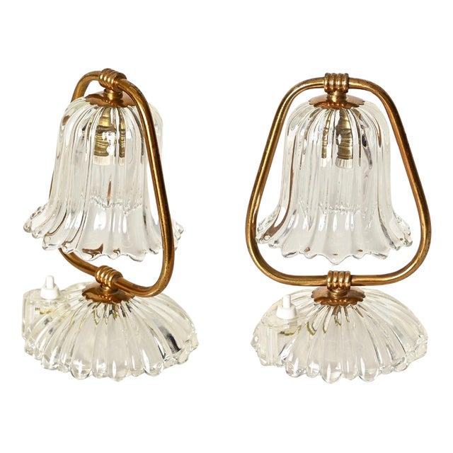 Murano Glass Bell and Brass Table Lamps from Barovier, Italy, 1940s, Set of 2 For Sale