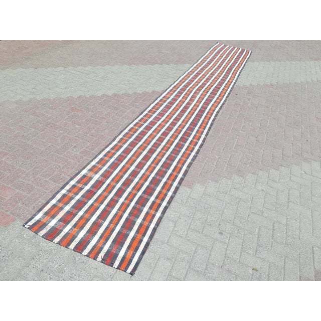 Mid 20th Century 1960s Plaid Design Extra Long Kilim Runner Rug For Sale - Image 5 of 11