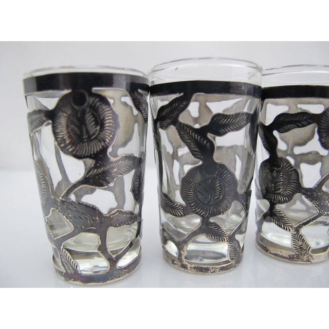 Silver Mexican Sterling Silver Floral Overlay Cordial Shot Glass Set With Tray For Sale - Image 8 of 11