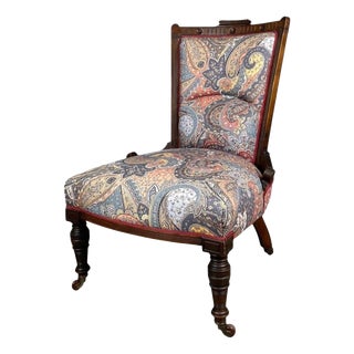 Edwardian Mahogany Nursing Chair with Casters and Paisley Upholstery, 1890s For Sale