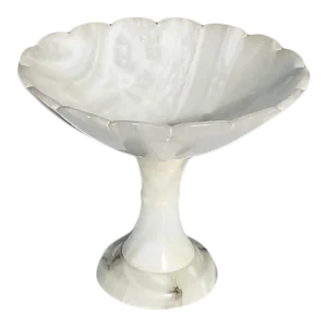 Alabaster Marble Stone Decorative Bowl With Pedestal and Scalloped Edges
