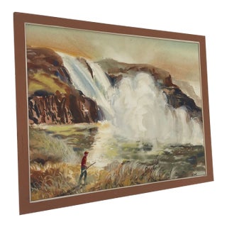 Vintage Signed Waterfall and Hunter Landscape Artwork For Sale