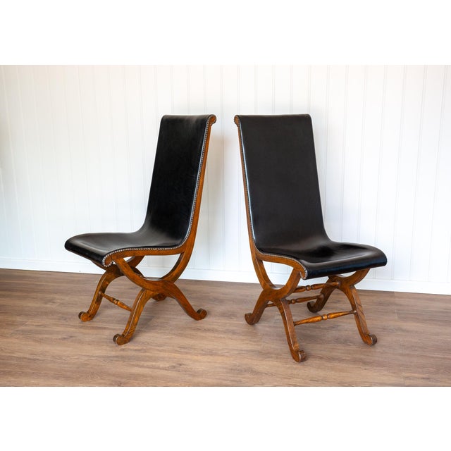 1960s Spanish Dining Chairs in Oak and Leather by Pierre Lottier Valmazan, 1960s, Set of 2 For Sale - Image 5 of 18