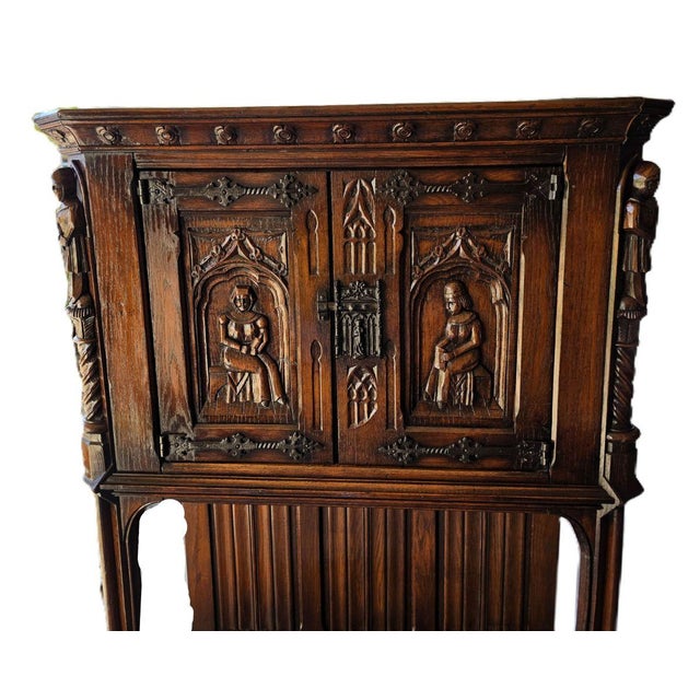 Antique Flemish-Style Gothic Revival Carved Oak Pass-Through Credence Cabinet, C. 1900. For Sale In Dallas - Image 6 of 16