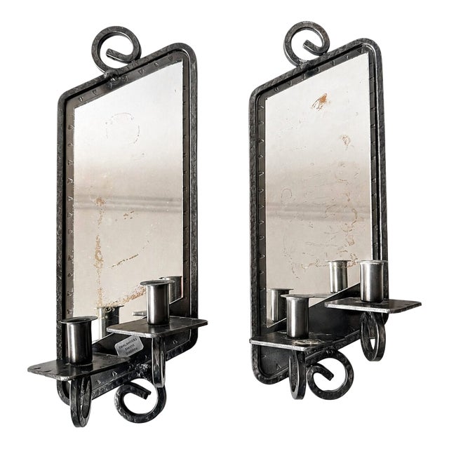 Mid-Century Swedish Wrought Iron Candle Sconce Mirror from Smålandskt Smide, 1960s, Set of 2 For Sale