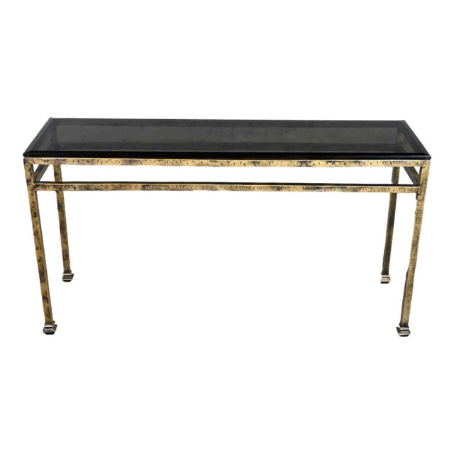 Modern Iron Console Sofa Table With Gold Hammered Look & Smoked & Beveled Glass Top For Sale