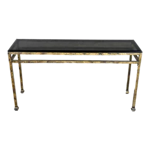 Modern Iron Console Sofa Table With Gold Hammered Look & Smoked & Beveled Glass Top