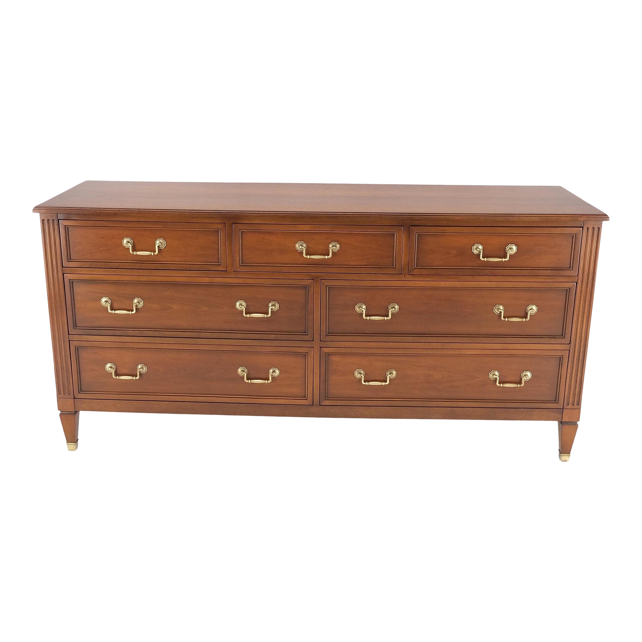 Mid-Century Modern 7 Drawers Brass Drop Pulls Long Walnut Dresser Credenza  | Chairish