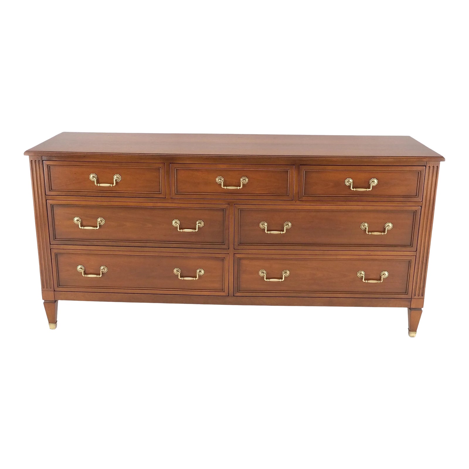 Mid-Century Modern 7 Drawers Brass Drop Pulls Long Walnut Dresser