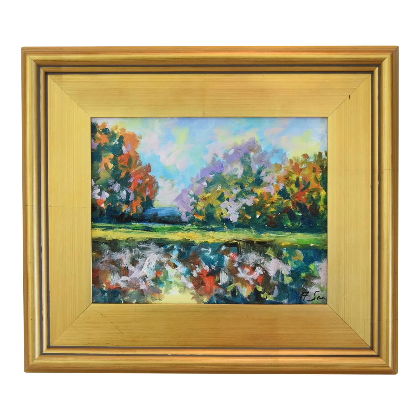 Colorful Trees Reflection on Lake Landscape Oil Painting Displayed in a