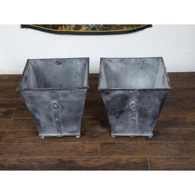 Pair of Industrial Style Grey Metal Planters with Tapered Lines and Ring Pulls For Sale - Image 9 of 11