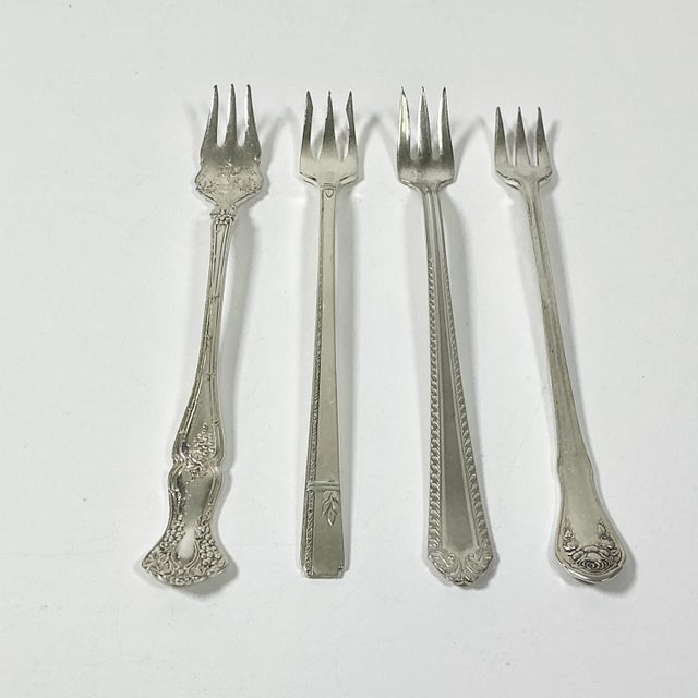 Hollywood Regency Vintage Boho Chic Hollywood Regency Coastal Eclectic Silverplate Seafood Forks - Set of 4 For Sale - Image 3 of 8