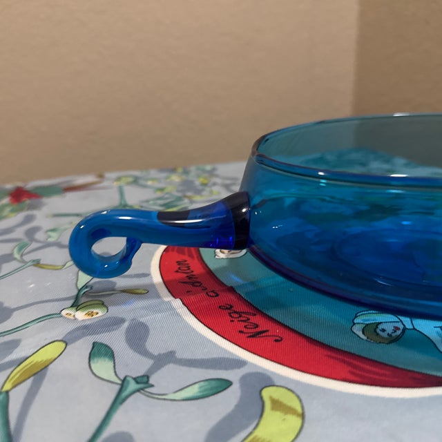 Mid-Century Modern Vintage Mid-Century Modern Empoli Italian Hand-Blown Blue Art Glass Bowl With Curled Applied Handle For Sale - Image 3 of 7