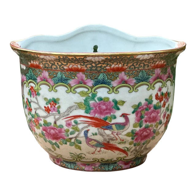 Vintage Chinese Porcelain Wall Pocket With Fretwork Birds & Flowers For Sale