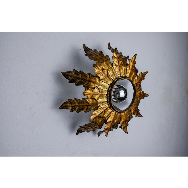 1960s Sun Wall Lamp in Metal and Gold Leaf attributed to Ferro Arte, Spain, 1960s For Sale - Image 5 of 8