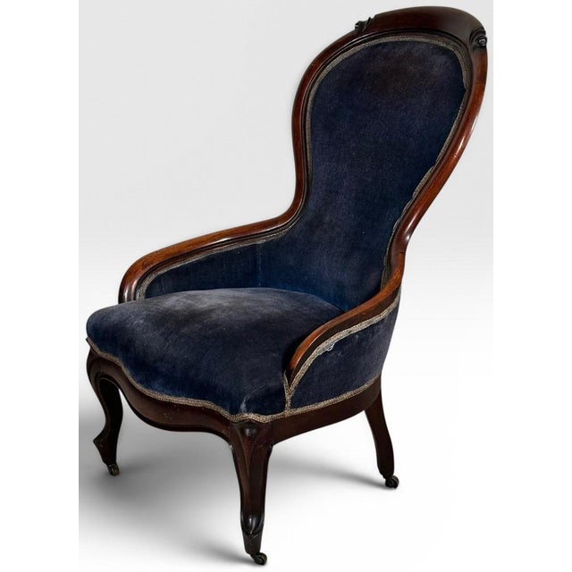 Victorian Antique Victorian Walnut Rococo Revival Navy Velvet Parlor Chair For Sale - Image 3 of 12