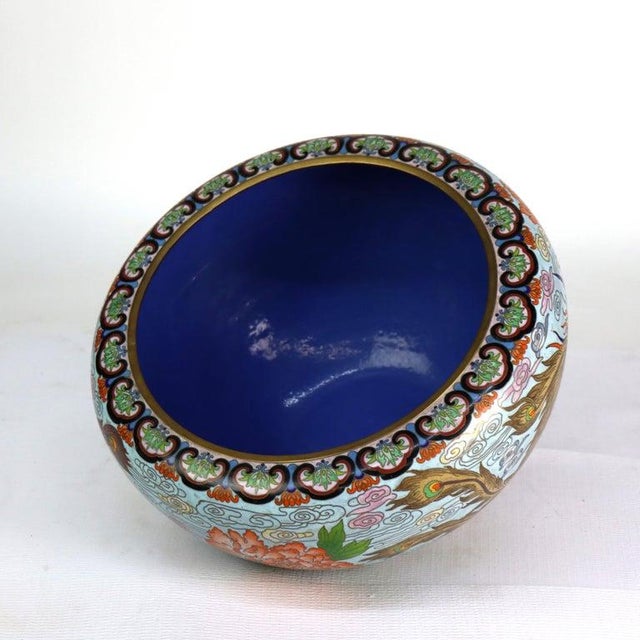 Blue Oversized Vintage Chinese Cloisonne Enameled Bowl With Floral & Pheasants 20thC For Sale - Image 8 of 11